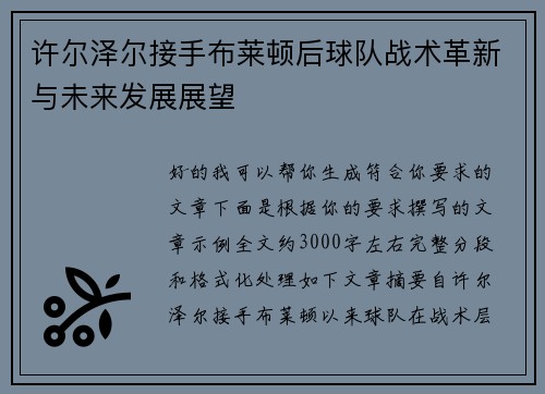 许尔泽尔接手布莱顿后球队战术革新与未来发展展望